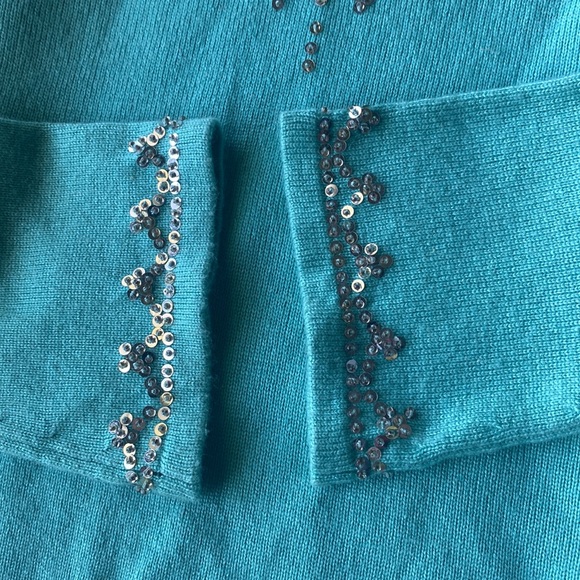 Cache Sz M Teal Silk Cashmere Blend Beaded Bling Sweater. - Picture 3 of 7